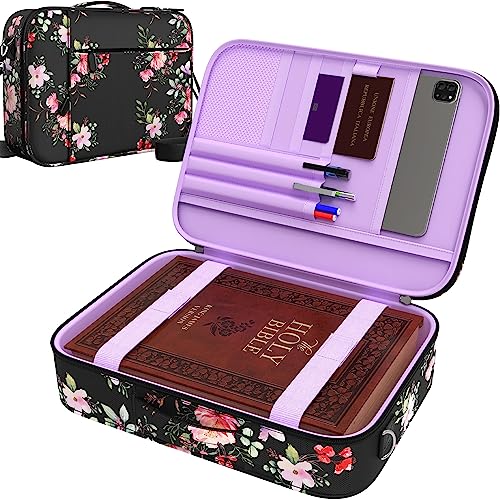 DEHITE Bible Case for Men – Bible Bag for Women – Floral Black Large Size – Fits Book 10.1 x 7.1 x 1.9 in – Pen Slots – Zippered Pocket – Shoulder Strap – Premium Fabric – Church Christian Gift - Image 1