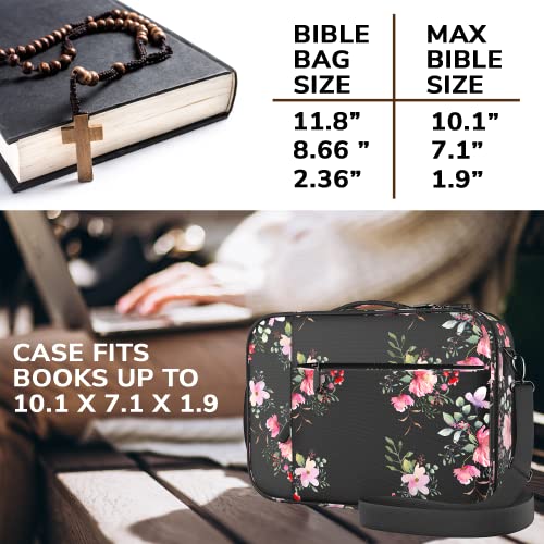 DEHITE Bible Case for Men – Bible Bag for Women – Floral Black Large Size – Fits Book 10.1 x 7.1 x 1.9 in – Pen Slots – Zippered Pocket – Shoulder Strap – Premium Fabric – Church Christian Gift - Image 3