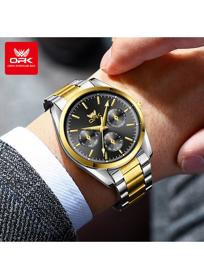 او بي كي ساعات OPK، ساعات رجالية أنيقة وعصرية، ساعات كوارتز مضيئة ومقاومة للماء، ساعات رجالية - سوار فولاذي 6024، ذهبي وأسود - Image 1