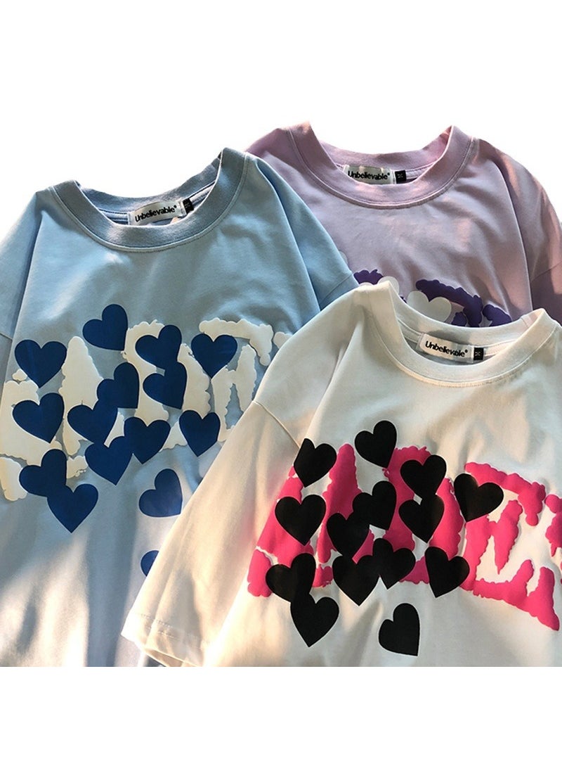 Generic - Love Foaming 3D Print Loose Tee Summer Korean Couple Womens Top Black - Image 1