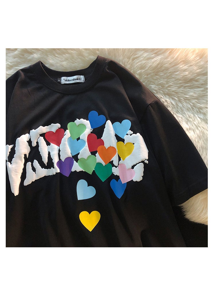 Generic - Love Foaming 3D Print Loose Tee Summer Korean Couple Womens Top Black - Image 1