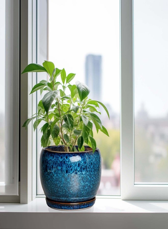 SQOWL 10 Inch Plant Pot - Ceramic Planter Pot with Drainage Hole and Saucer, Decorative Plant Pot for Indoor Outdoor Plants, Round Large Planter Flower Pot, Blue - Image 4
