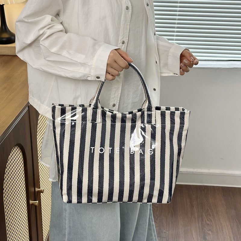 Women's Textured Tote Bag with Stripe Contrast, Large Capacity - Image 4