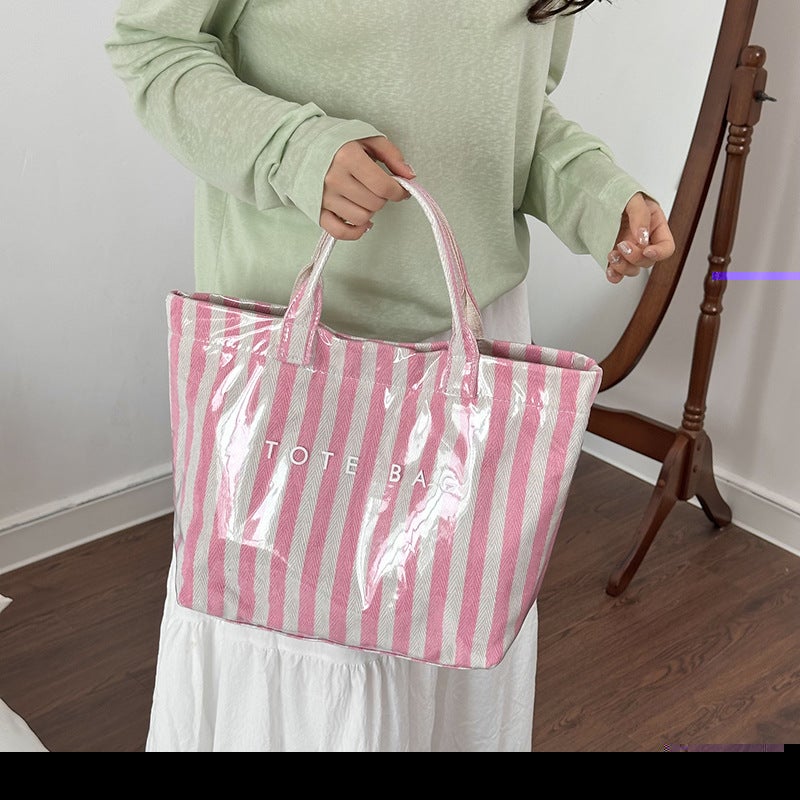 Women's Textured Tote Bag with Stripe Contrast, Large Capacity - Image 3