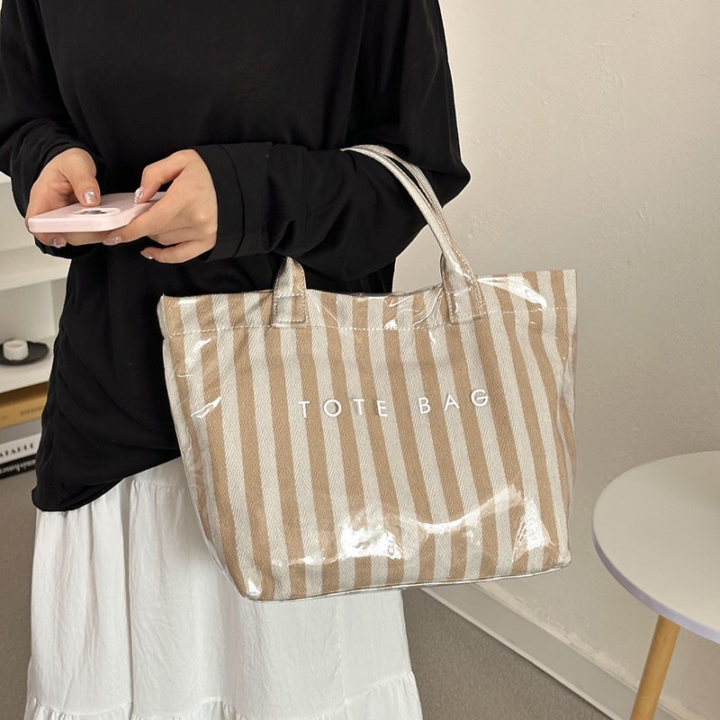 Women's Textured Tote Bag with Stripe Contrast, Large Capacity - Image 2