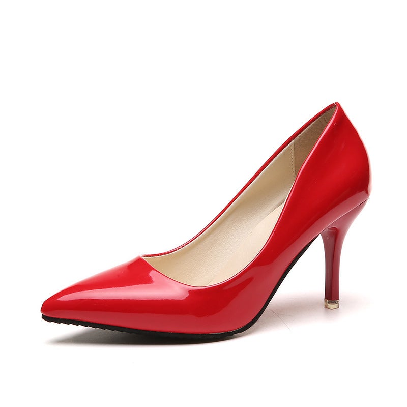European Station plus size Nude Stiletto Heels Womens Pointed Toe Black Work Shoes Patent Leather Shallow Red Wedding Shoes Red 8cm