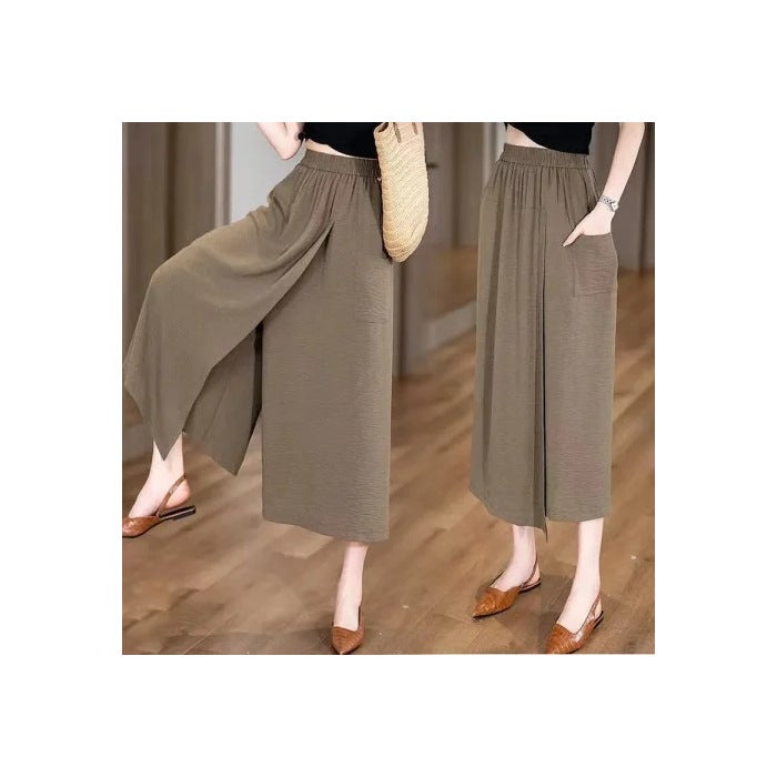 Summer Thin Loose High Waist Split Lazy Style Casual Culottes Thigh Thick and Slim Eight-point Wide-leg Pants for Women Coffee