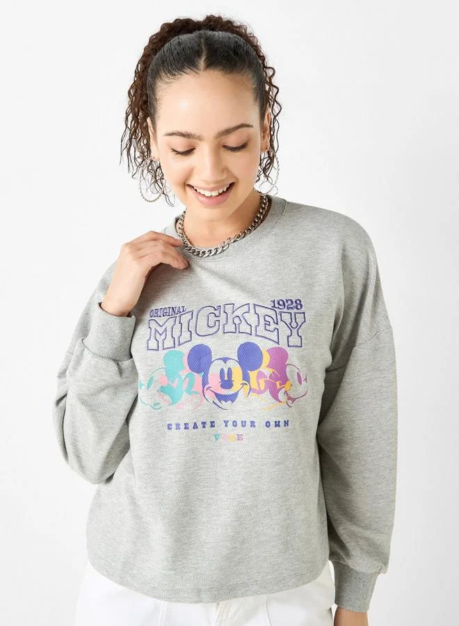 Mickey Mouse Print Crew Neck Sweatshirt with Long Sleeves