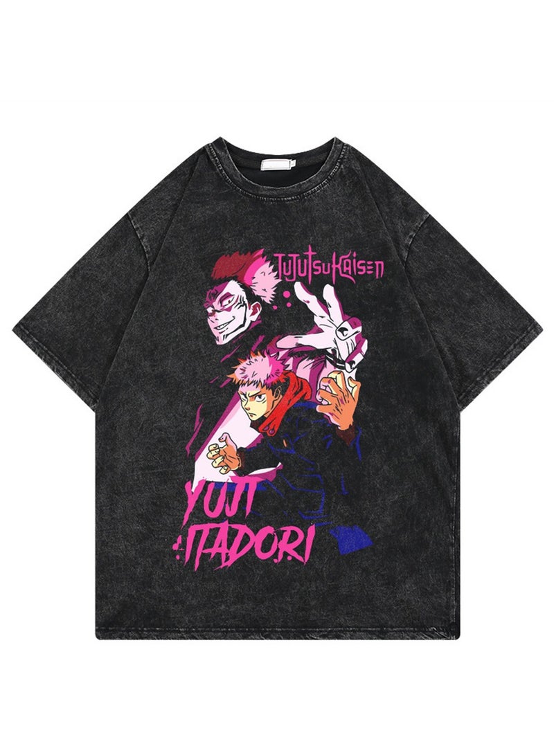 Washed retro T-shirt street hip hop anime Jujutsu Kaisen casual cotton summer short sleeves - Image 1