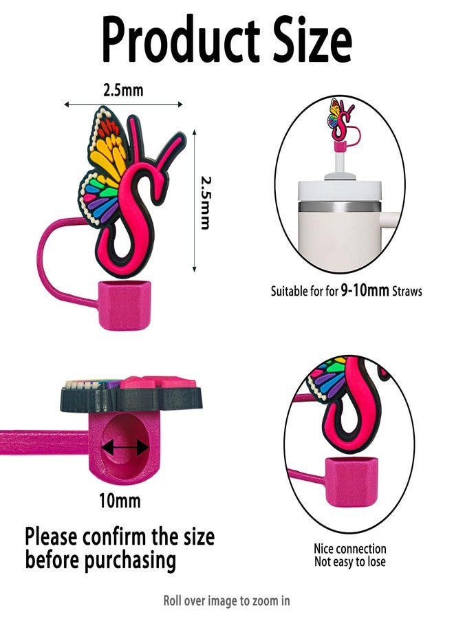 DMLNN Straw Cover for Stanley Cup, 3Pcs Butterfly Initial Letter Straw Cover with Initial letter Keychains for Women, Cute Silicone Straw Covers for Stanley Cups 30&40 Oz - Pink (Letter S) - Image 2