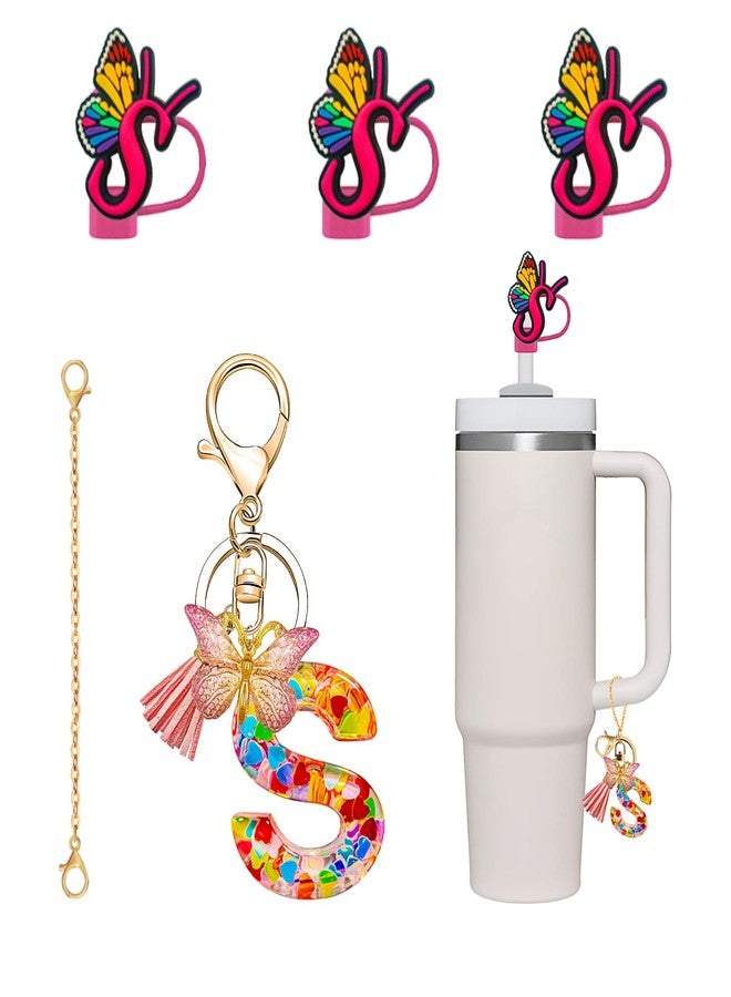 DMLNN Straw Cover for Stanley Cup, 3Pcs Butterfly Initial Letter Straw Cover with Initial letter Keychains for Women, Cute Silicone Straw Covers for Stanley Cups 30&40 Oz - Pink (Letter S) - Image 1