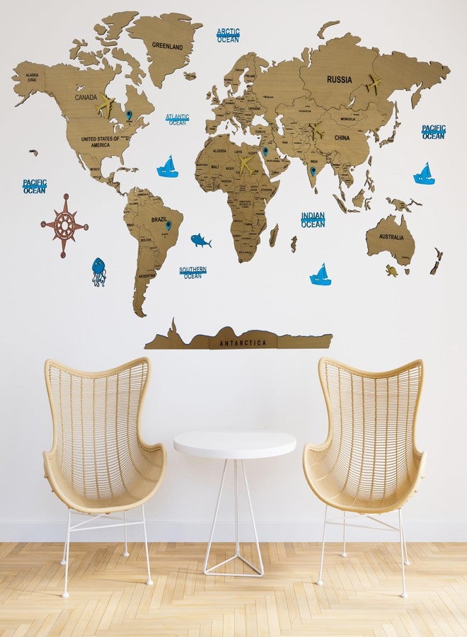 Elk 3D Wooden World Map Wall Decor with Country Names & Capitals | Premium Multilayer Laser Cut Wall Art | Easy DIY Installation | Travel Theme Home Decor for Living Room, Office | Size : 90x52 CM - Image 1