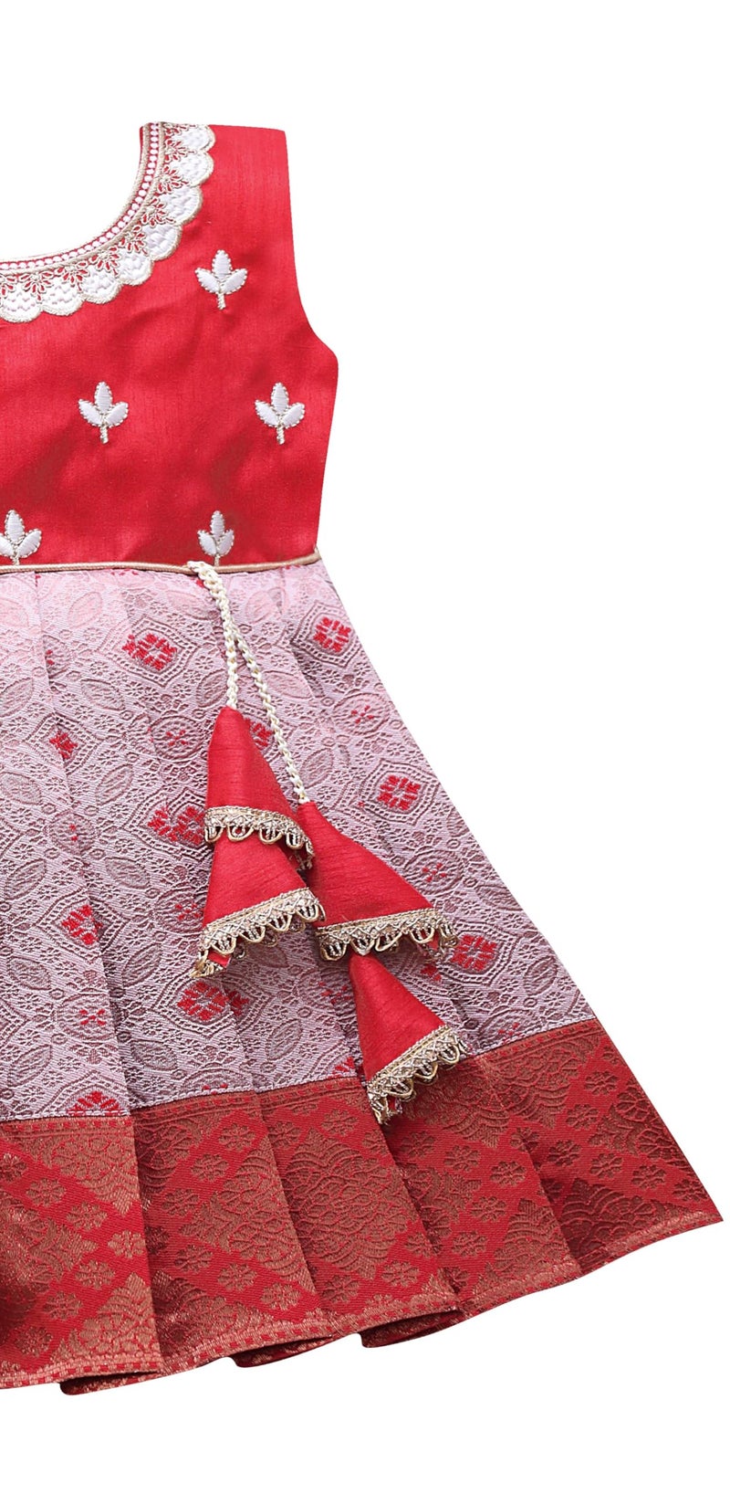 Suzvan South Indian Traditional Embroidery Pattu Pavadai Jacquard Silk Lehenga Choli (Red & White, 1-2 Years) - Image 5