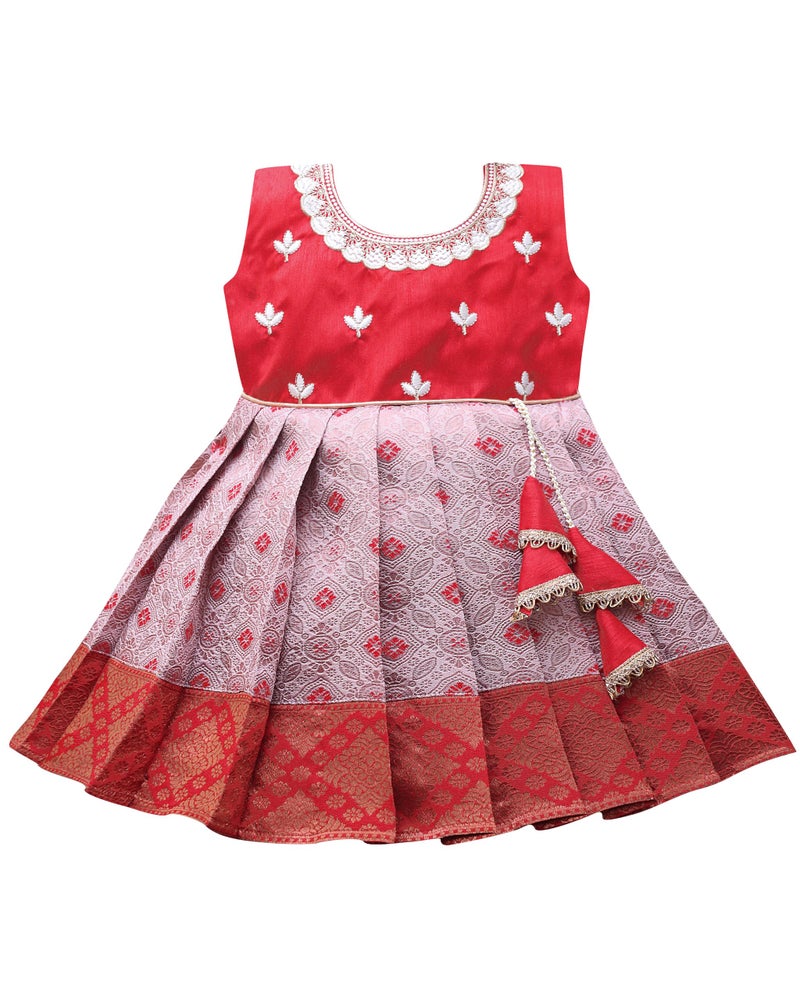 Suzvan South Indian Traditional Embroidery Pattu Pavadai Jacquard Silk Lehenga Choli (Red & White, 1-2 Years) - Image 1