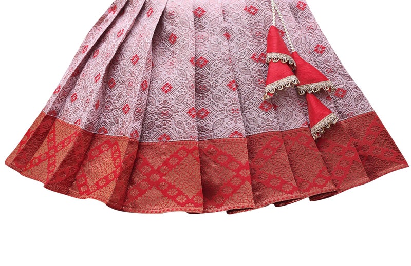 Suzvan South Indian Traditional Embroidery Pattu Pavadai Jacquard Silk Lehenga Choli (Red & White, 1-2 Years) - Image 4