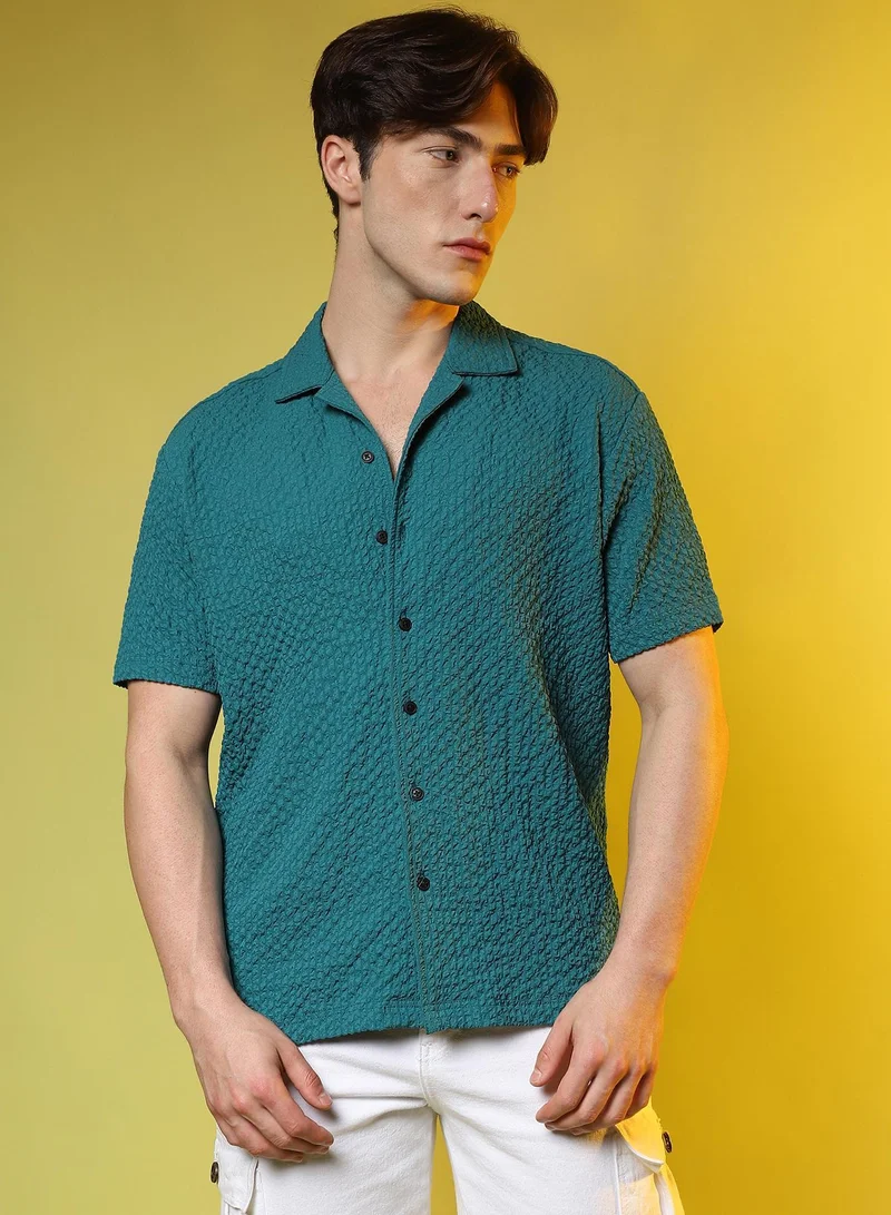 Men's Teal Green Self-Design Creased Striped Shirt