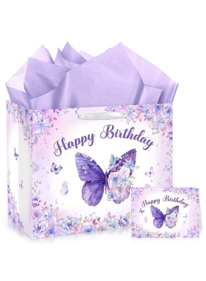 LUUFILx Butterfly Birthday Gift Bag for Girls Women Butterfly Flower Happy Birthday Party Favor Bags with Wrapping Paper Card Purple Pink Floral Gift Bag for Baby Shower Birthday Decorations Party Supplies - Image 1