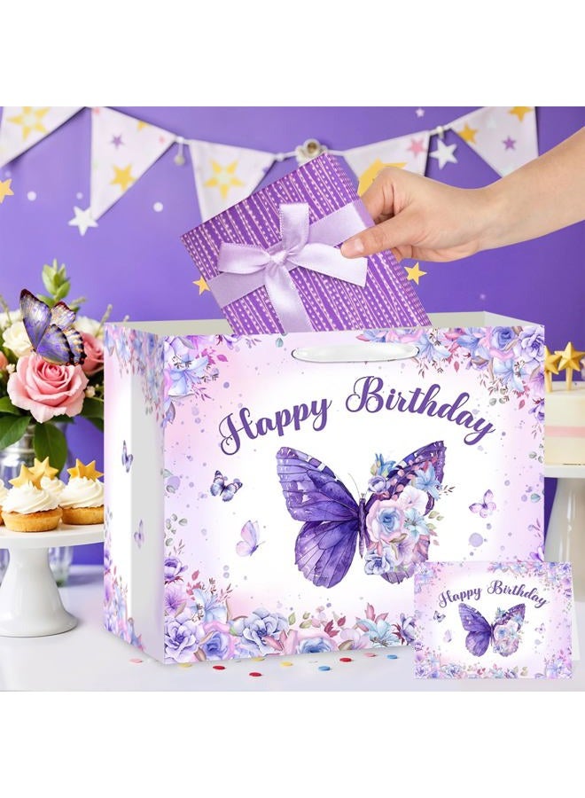 LUUFILx Butterfly Birthday Gift Bag for Girls Women Butterfly Flower Happy Birthday Party Favor Bags with Wrapping Paper Card Purple Pink Floral Gift Bag for Baby Shower Birthday Decorations Party Supplies - Image 4