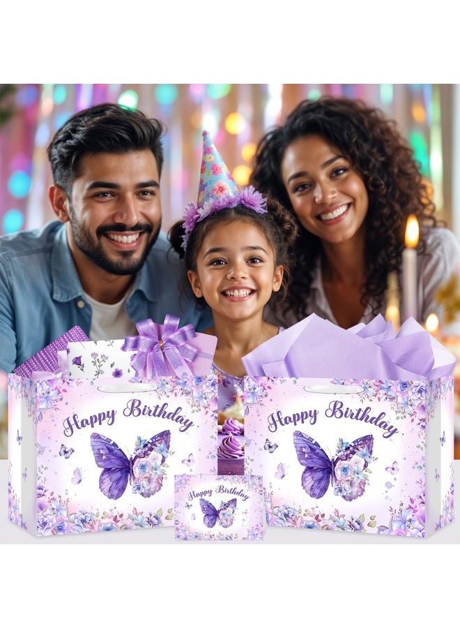 LUUFILx Butterfly Birthday Gift Bag for Girls Women Butterfly Flower Happy Birthday Party Favor Bags with Wrapping Paper Card Purple Pink Floral Gift Bag for Baby Shower Birthday Decorations Party Supplies - Image 5