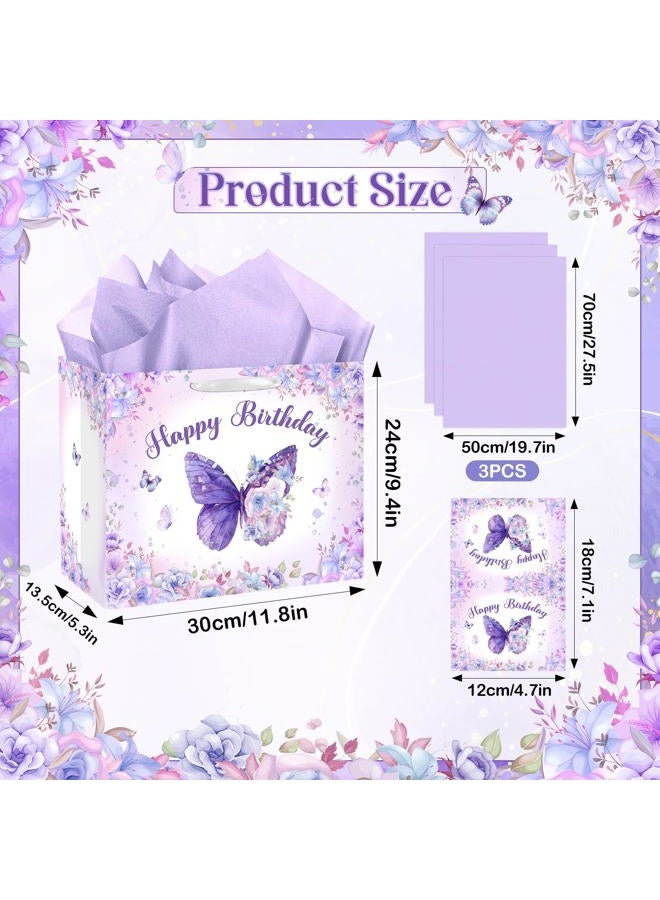 LUUFILx Butterfly Birthday Gift Bag for Girls Women Butterfly Flower Happy Birthday Party Favor Bags with Wrapping Paper Card Purple Pink Floral Gift Bag for Baby Shower Birthday Decorations Party Supplies - Image 2