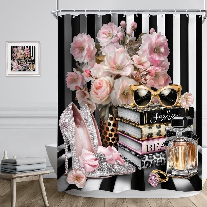 Riyidecor Black and Pink Fashion Shower Curtain 60Wx72H Inch Floral Book Striped Perfume High Heels Magazine Glasses Leopard Girl Women Modern Bathroom Decor Fabric Polyester Waterproof 12 Pack Hooks - Image 3