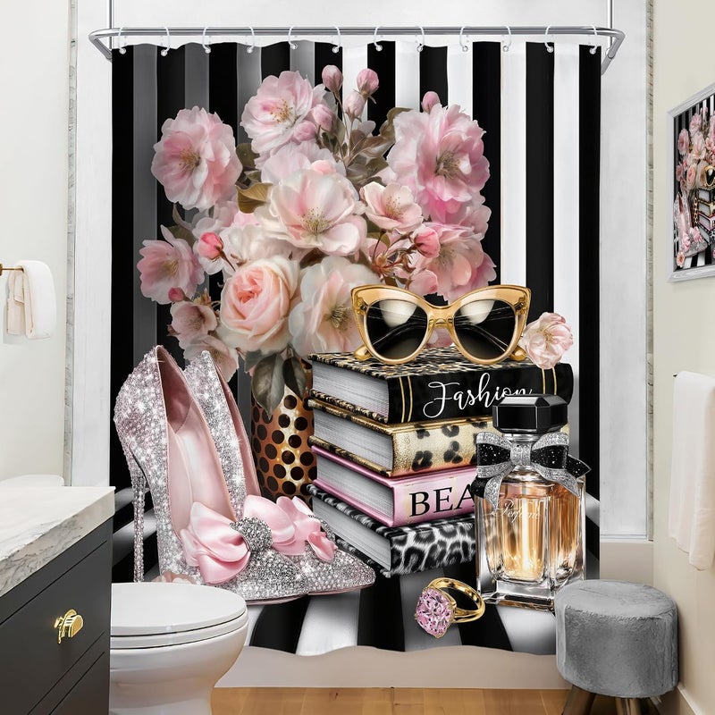 Riyidecor Black and Pink Fashion Shower Curtain 60Wx72H Inch Floral Book Striped Perfume High Heels Magazine Glasses Leopard Girl Women Modern Bathroom Decor Fabric Polyester Waterproof 12 Pack Hooks - Image 4