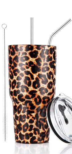 30oz Leopard Tumbler Stainless Steel Insulated Travel Mug with Straw Lid Cleaning Brush 30 oz Leopard 1 Count Pack of 1