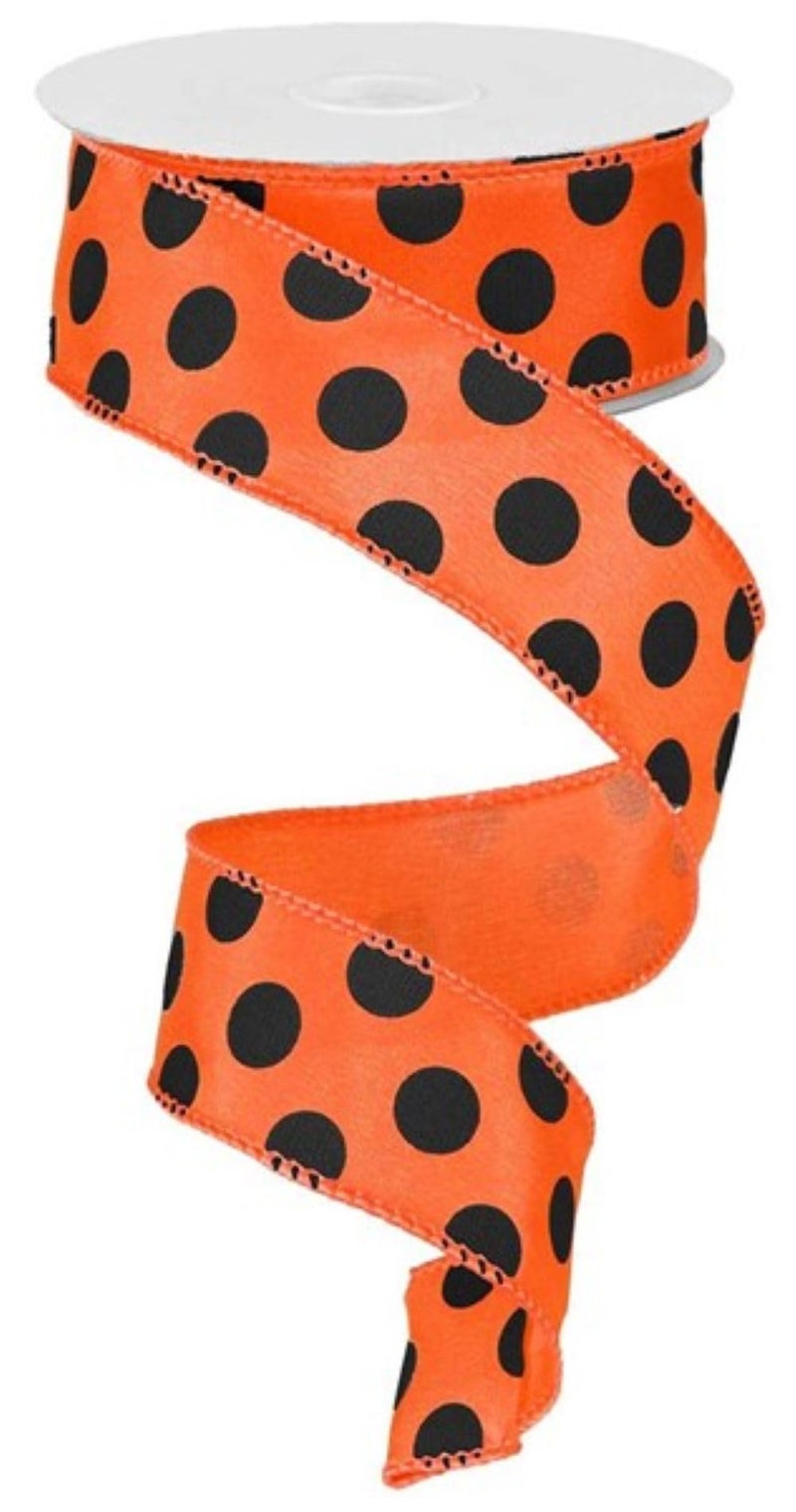 Polka Dot Wired Ribbon Orange Black 15 Inches x 10 Yards 30 Feet