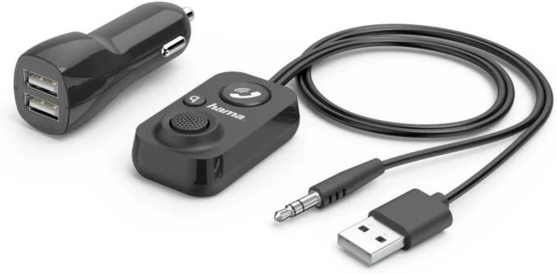 Hama Bluetooth 5.1 Car Hands-Free Adapter with AUX-In & Dual USB Charger – Wireless Music Receiver, Integrated Microphone, Bass Boost, 3.5mm Jack, 2.1A Charging Port – Black - Image 1