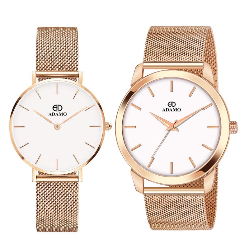 ADAMO Aritocrat Analog Stainless Steel Men's & Women's Couple Watch (White Dial Rose Gold Colored Strap) - Image 2