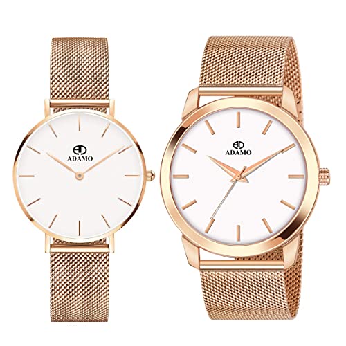 ADAMO Aritocrat Analog Stainless Steel Men's & Women's Couple Watch (White Dial Rose Gold Colored Strap) - Image 1
