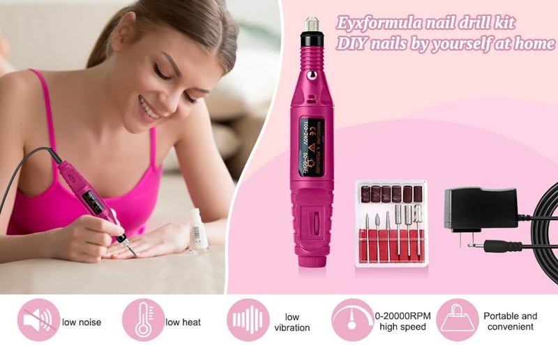URBAN BOX Electric Nail Drill Machine Kit, USB Powered, Pink, 6 Bits Set for Manicure and Pedicure Nail Drill Machine 20000 RPM Professional Nail Drills for Acrylic Nails Gel E-file Nail File for Salon and Home Beginners DIY Use - Image 4