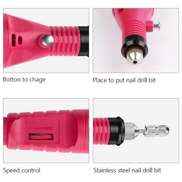 URBAN BOX Electric Nail Drill Machine Kit, USB Powered, Pink, 6 Bits Set for Manicure and Pedicure Nail Drill Machine 20000 RPM Professional Nail Drills for Acrylic Nails Gel E-file Nail File for Salon and Home Beginners DIY Use - Image 2