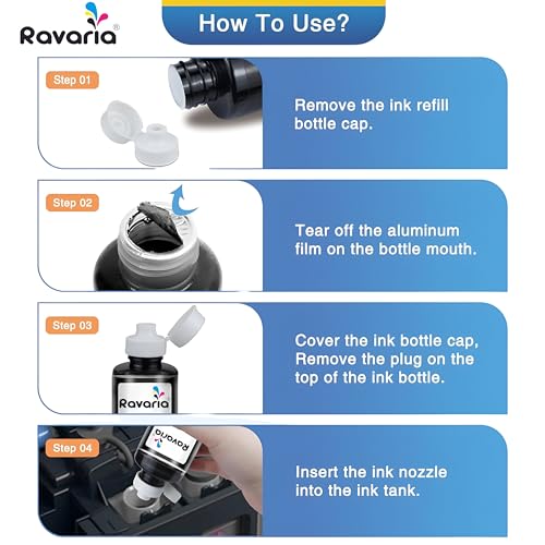Ravaria Refill Ink for HP GT51XL/53XL GT 52 for HP Ink Tank 115,310,315,319,410,415,416,419,455,500,515,530,589,615,750,790,670,GT5810,GT5811,GT5820(GT51XL + GT52CMY(4 Color Set),Multi-Color Pack) - Image 4