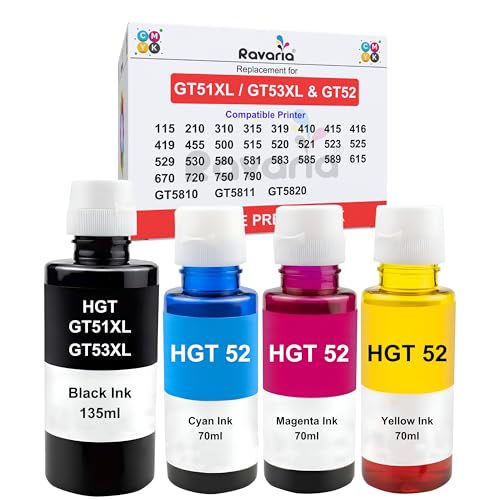 Ravaria Refill Ink for HP GT51XL/53XL GT 52 for HP Ink Tank 115,310,315,319,410,415,416,419,455,500,515,530,589,615,750,790,670,GT5810,GT5811,GT5820(GT51XL + GT52CMY(4 Color Set),Multi-Color Pack) - Image 1