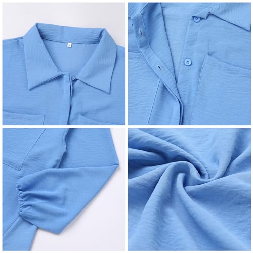 ODIZLI Plus Size Muslim Clothes For Women Dress Top Women Abaya Dress Robe Long Pants Women Modest Islamic Dubai Abayas Outfits for Id al-Fitr Corban Eid Ramadan Light Blue-Pockets Button Down Shirt M - Image 3