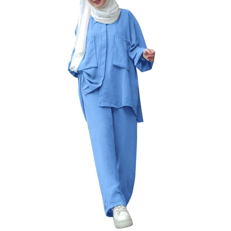 ODIZLI Plus Size Muslim Clothes For Women Dress Top Women Abaya Dress Robe Long Pants Women Modest Islamic Dubai Abayas Outfits for Id al-Fitr Corban Eid Ramadan Light Blue-Pockets Button Down Shirt M - Image 4