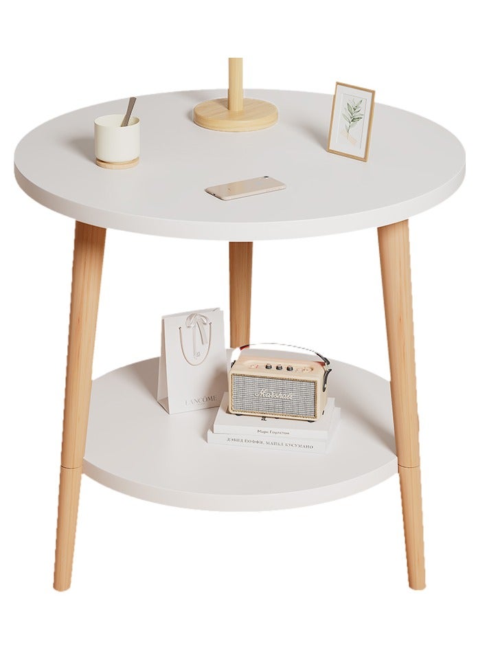 Generic Modern Round Side Table with 2 Tiers, White and Natural Wood, Living Room End Table with Storage Shelf White  - Image 1