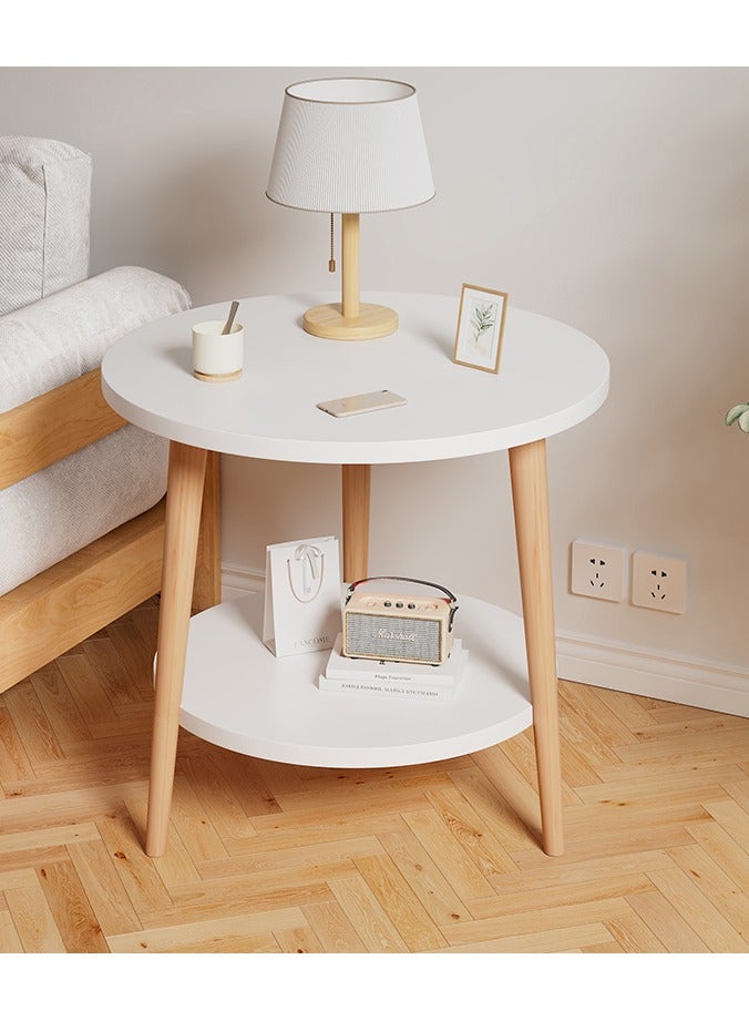 Generic Modern Round Side Table with 2 Tiers, White and Natural Wood, Living Room End Table with Storage Shelf White  - Image 2