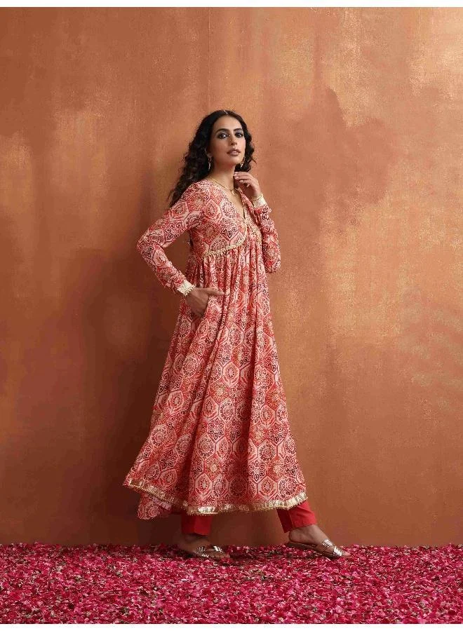 trueBrowns Beige Print Flared Anarkali Kurta Set