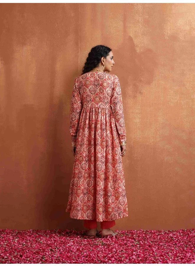trueBrowns Beige Print Flared Anarkali Kurta Set