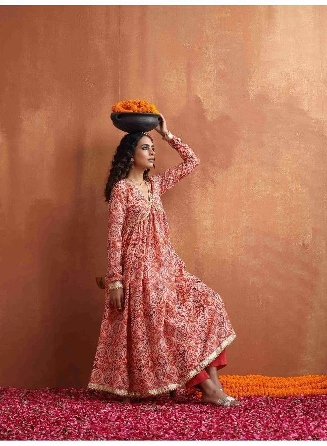 trueBrowns Beige Print Flared Anarkali Kurta Set