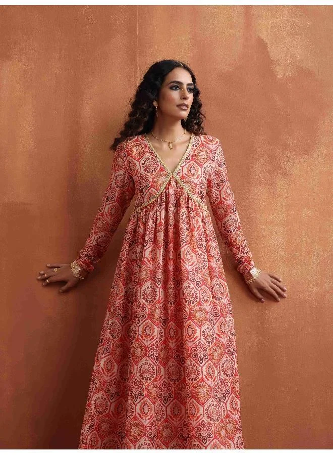 trueBrowns Beige Print Flared Anarkali Kurta Set