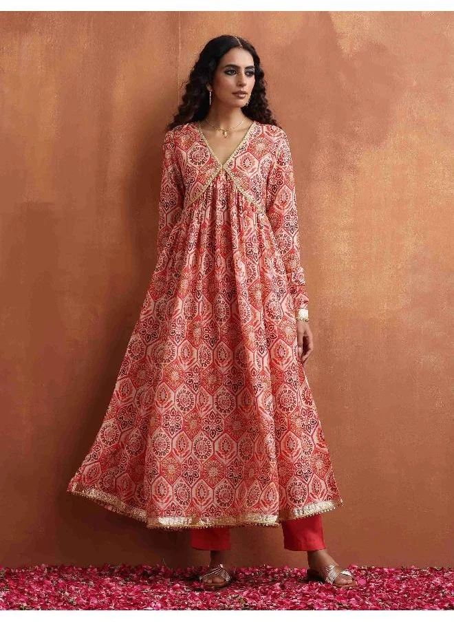 ترو برونز trueBrowns Beige Print Flared Anarkali Kurta Set