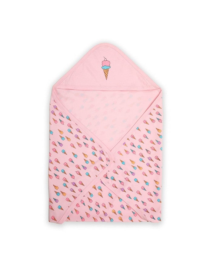 لوفلاب بطانية ناعمة 100% من القطن بغطاء رأس ودافئة، للأطفال حديثي الولادة حتى سن 3 سنوات، 75 سم × 75 سم، مطبوعة بآيس كريم (وردي) - Image 1