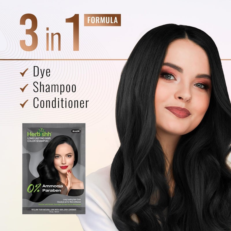 Herbishh Black Color Shampoo for Gray Hair - 3 in 1 Hair Dye Shampoo, 100% Grey Coverage, Pack of 15 (30ml each) - Image 4