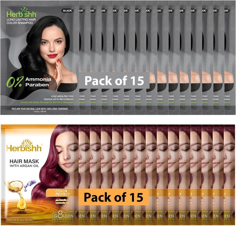 Herbishh Black Color Shampoo for Gray Hair - 3 in 1 Hair Dye Shampoo, 100% Grey Coverage, Pack of 15 (30ml each) - Image 1