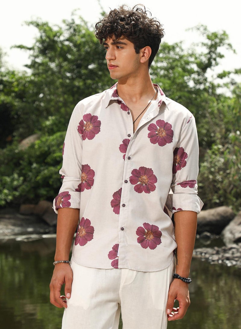 Campus Sutra Campus Sutra Men's Off-White & Rouge Red Blooming Flora Imprint Shirt | Spread Collar , Long Sleeve Cuffed Sleeves , Button Closure | Floral Print  | Cotton-Blend Shirt For Casual Wear - Image 2