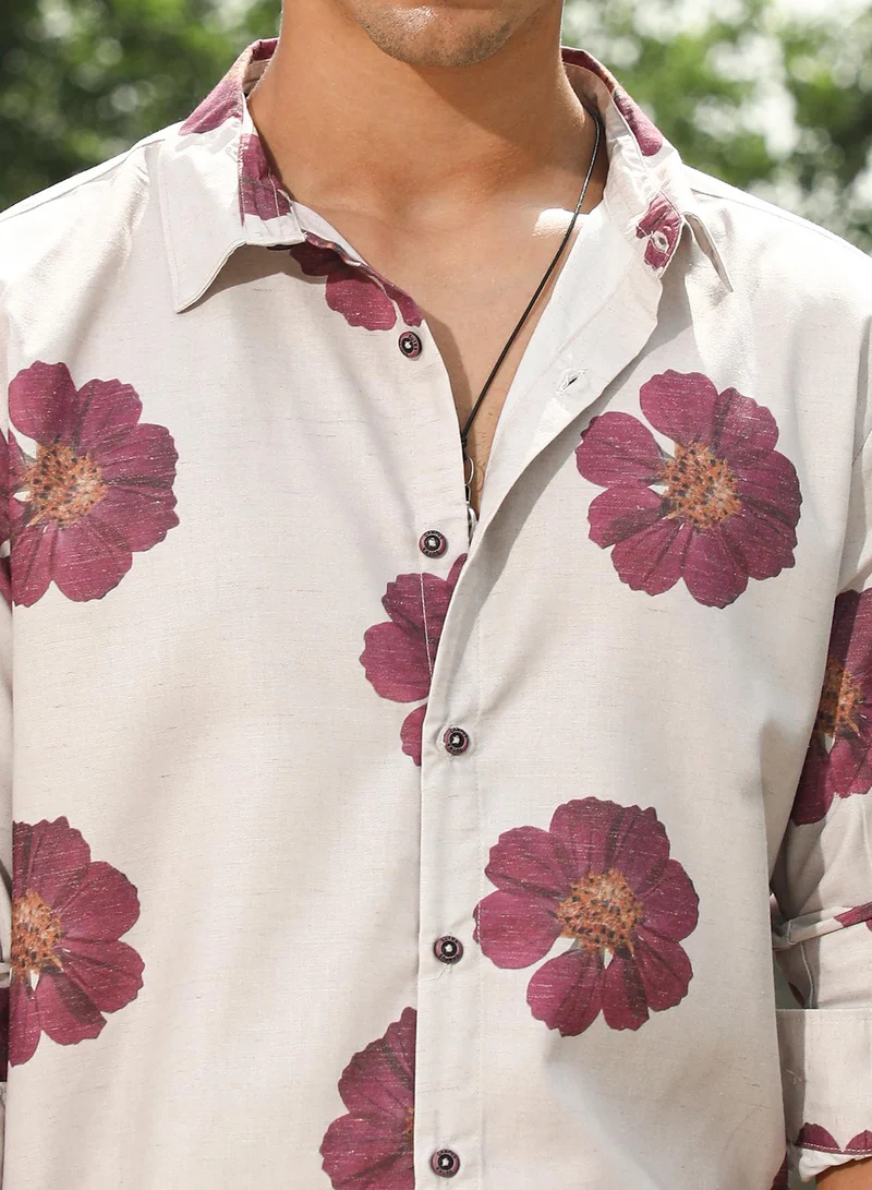 Campus Sutra Campus Sutra Men's Off-White & Rouge Red Blooming Flora Imprint Shirt | Spread Collar , Long Sleeve Cuffed Sleeves , Button Closure | Floral Print  | Cotton-Blend Shirt For Casual Wear