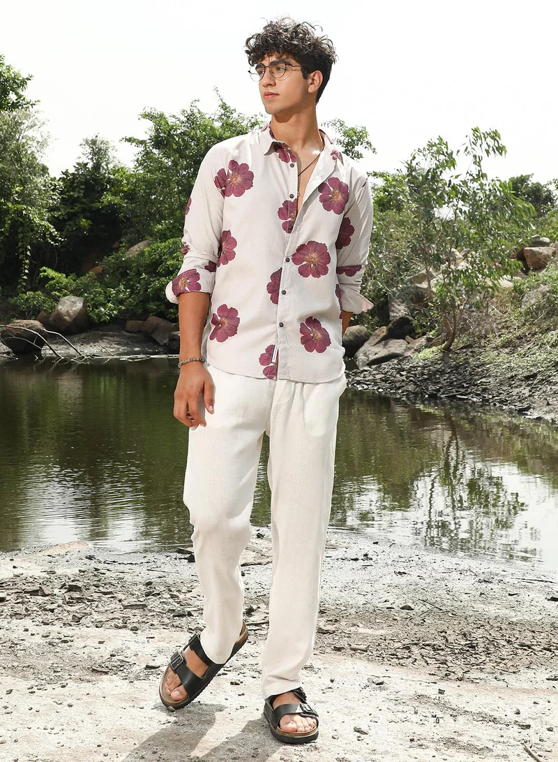 Campus Sutra Campus Sutra Men's Off-White & Rouge Red Blooming Flora Imprint Shirt | Spread Collar , Long Sleeve Cuffed Sleeves , Button Closure | Floral Print  | Cotton-Blend Shirt For Casual Wear
